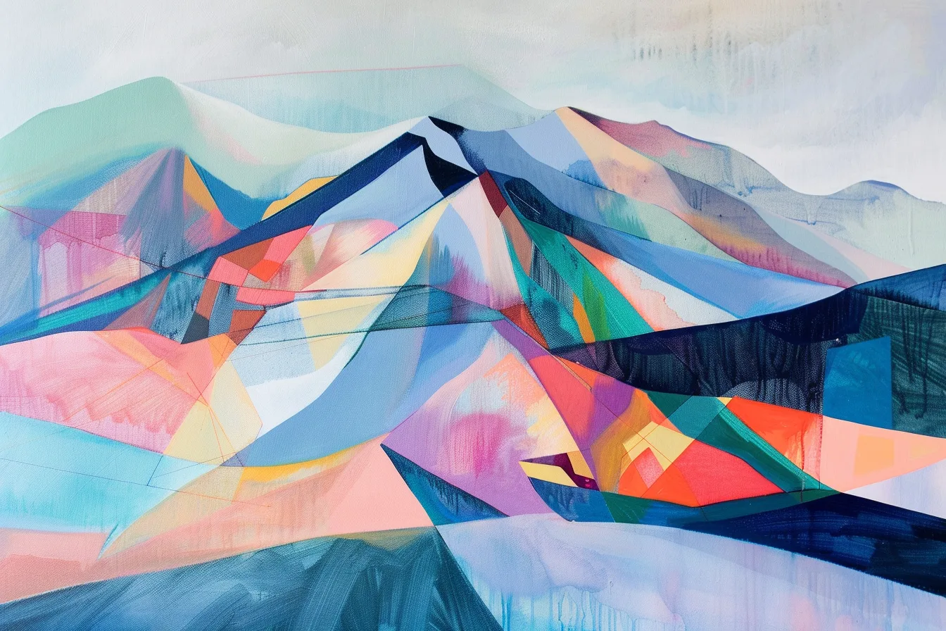 A geometric mountain landscape in overlapping blue, coral, teal, and gold forms